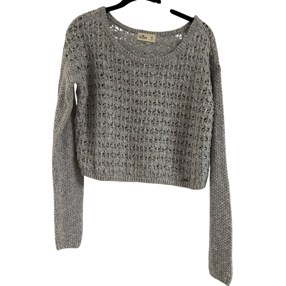 Hollister Women's Cable Knit Gray Sparkle Glitter Crewneck Sweater Cropped Sz M